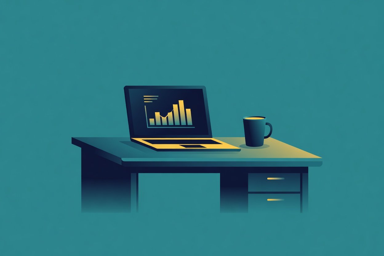 A desk with a laptop showing a chart and a coffee cup