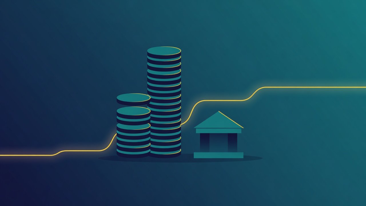 Illustration of stacked coins and a bank building joined by a glowing line