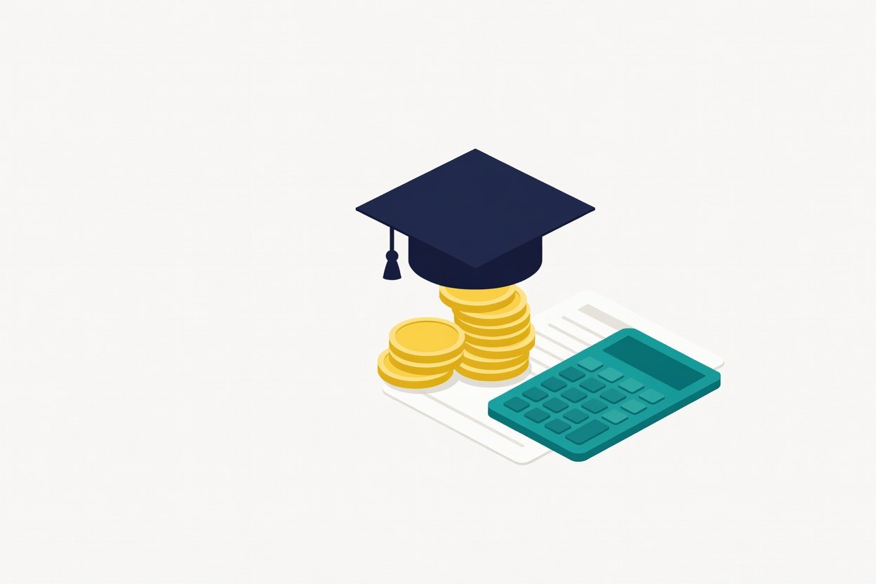A graduation cap on a stack of coins beside a calculator