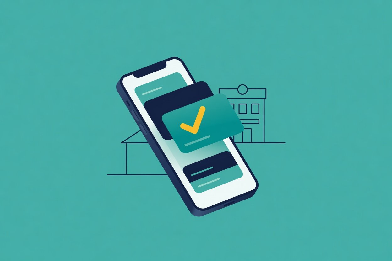 A smartphone showing a banking app with a checkmark